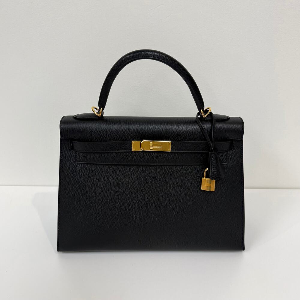 HERMES Kelly 32 Black Epsom Gold Hardware Handbag Leather Top Handle Crossbody - Picture 2 of 13